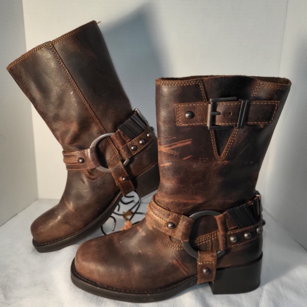Nasty Gal Tarnished Leather Harness Boots Wmns Sz EU 36 Brown Distressed Biker